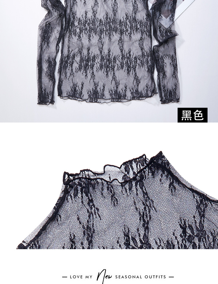 Super fairy-like innerwear lace base shirt for women 2020 new long-sleeved sexy cut-out mesh top semi-high neck lace shirt pic 15