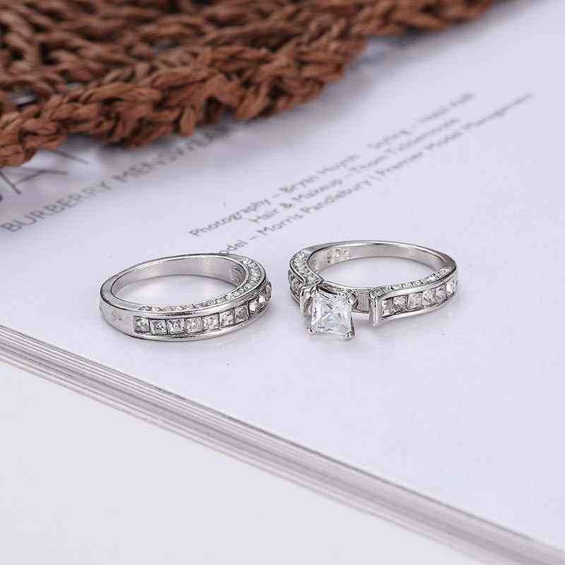 New Couple Two-piece Big Zircon Ring Environmental Protection Copper Diamond Bridal Wedding Ring display picture 3