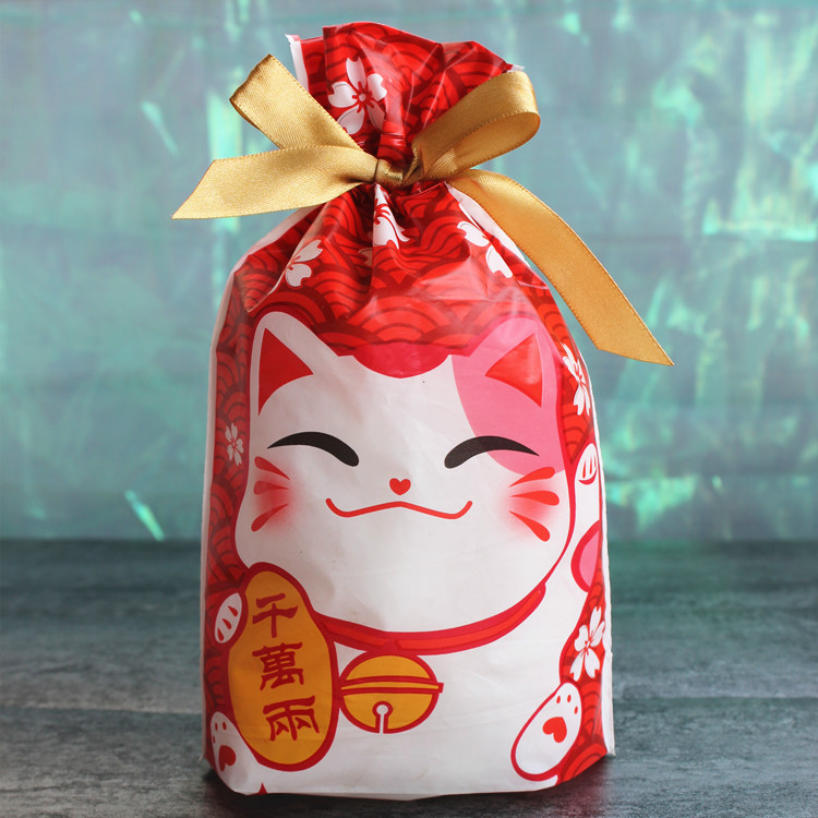 新年招财猫抽绳袋红色礼物束口袋圣诞老人小饼干福袋包装袋50枚 阿里巴巴