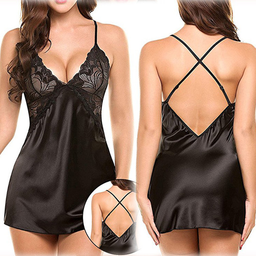 Cross-border European and American foreign trade sexy lingerie sexy imitation ice silk back cross suspender nightgown sexy suit D5074