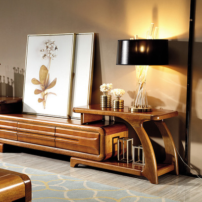 新中式實木胡桃木伸縮電視櫃視聽櫃地櫃多功能客廳儲物櫃廠家批發