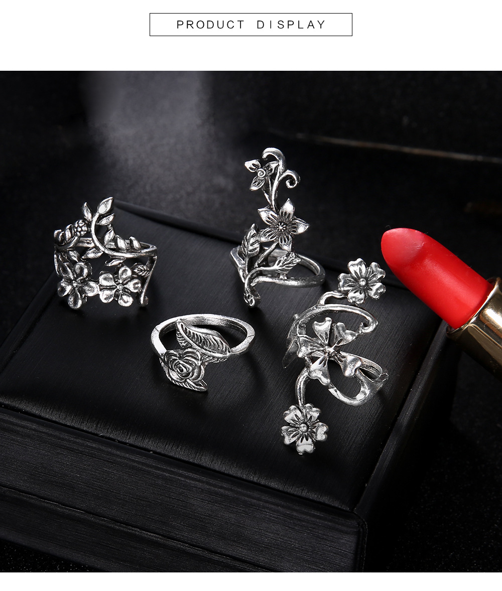 New Fashion Style Alloy Ancient Silver Hollow Flower Leaf Ring 4-piece Set display picture 4