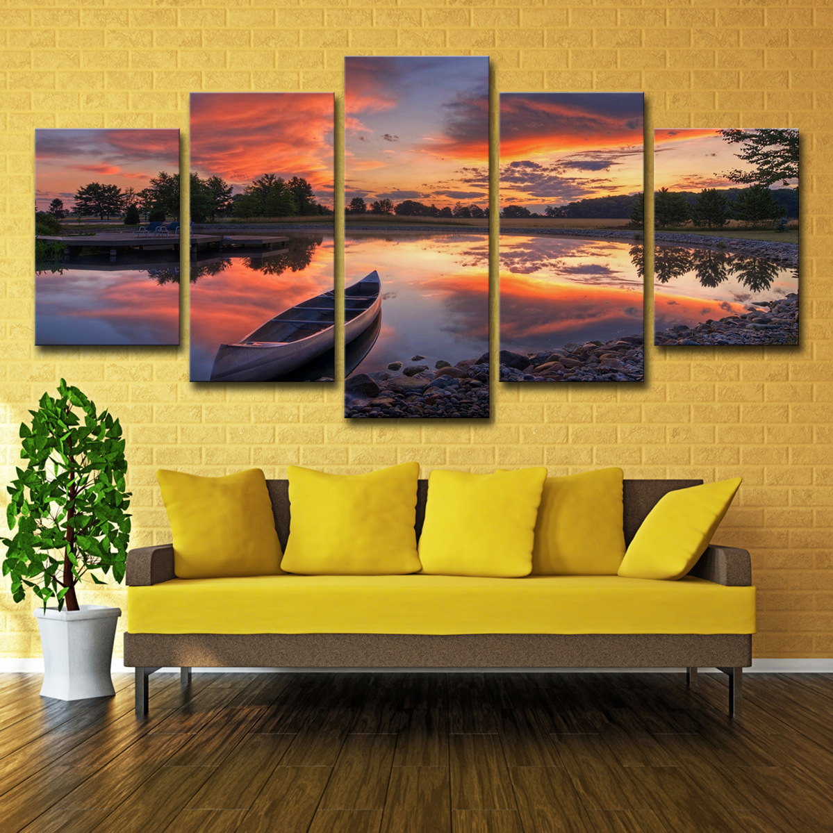 Cross border ebay cross border 5 board wall art canoe at sunset oil painting canvas printing room decoration