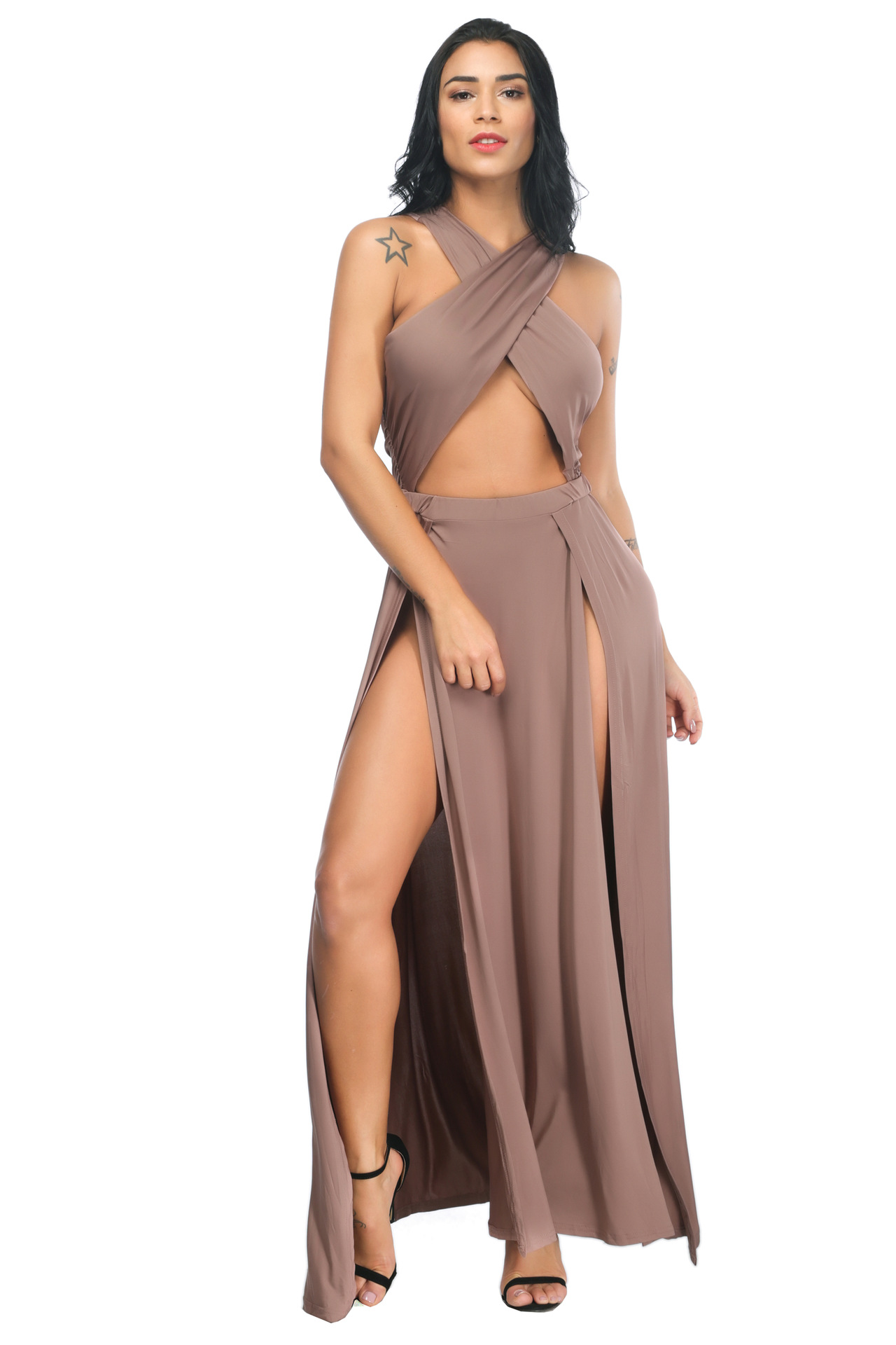 new style irregular solid color split pleated dress NSLM30288