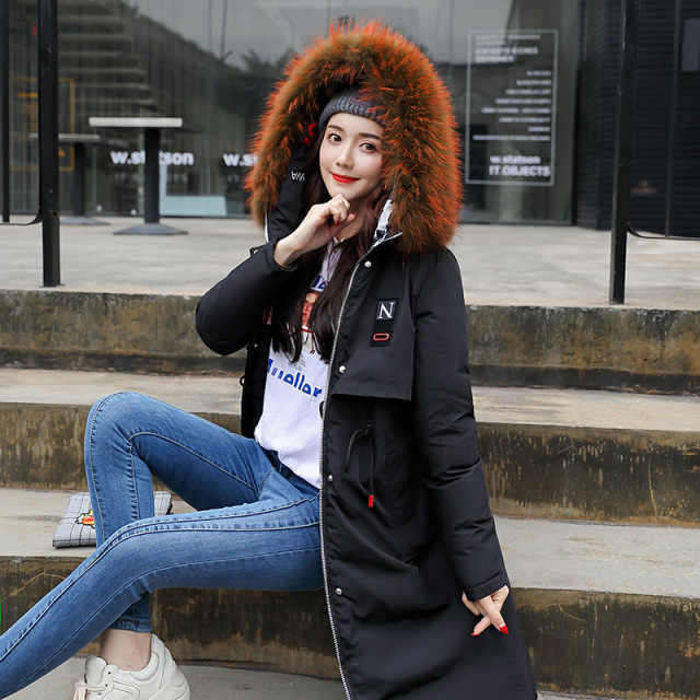 New winter Long-style cotton-padded jacket with large wool collar