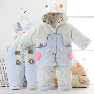 新生婴儿棉衣三件套加厚幼儿开档棉服棉裤宝宝套装外出服秋冬季款