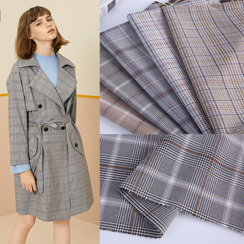 厂家现货 时尚男女童装千鸟格 TR弹力色织格子西装裤子百褶裙面料