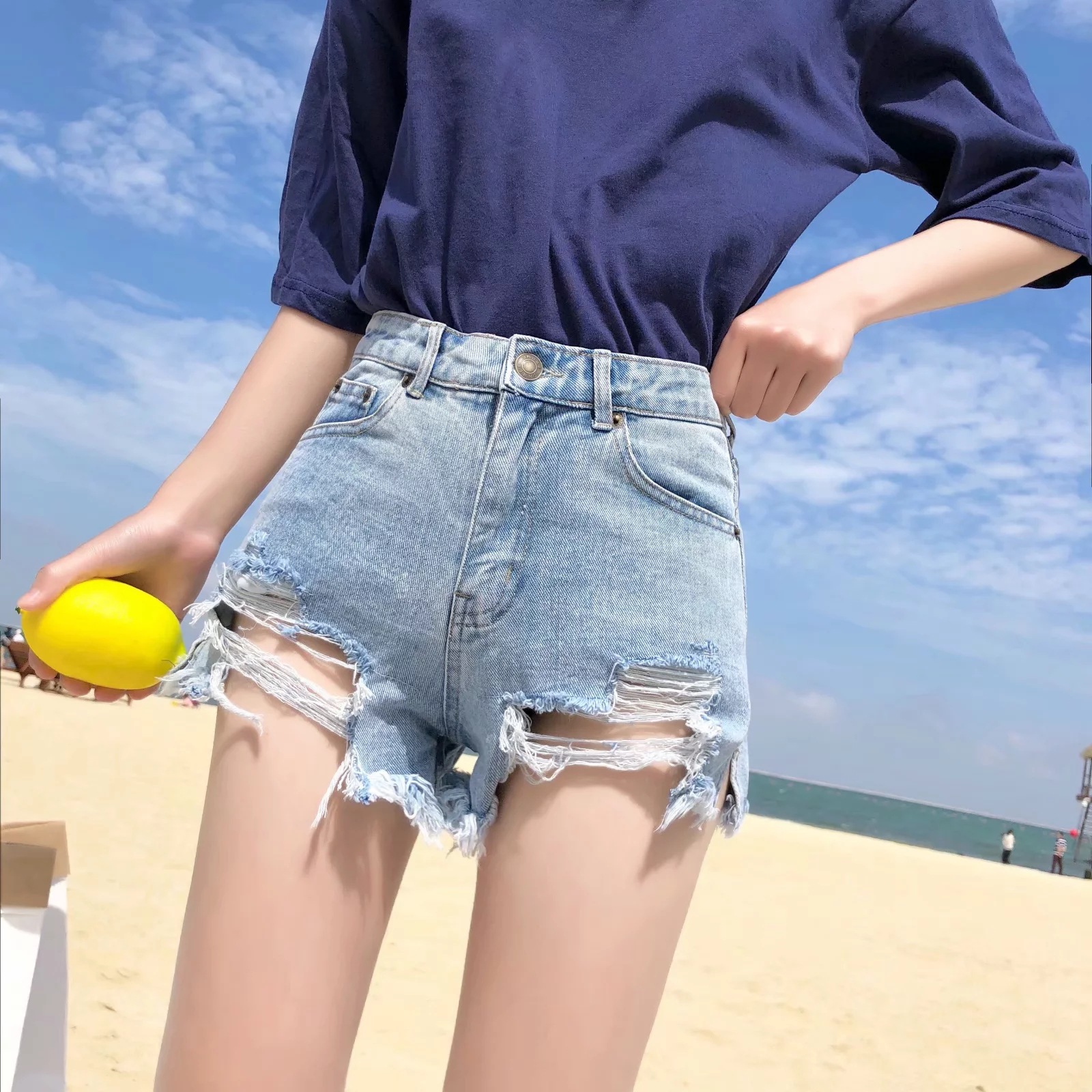 ripped high waist raw edge denim shorts  NSAC16258