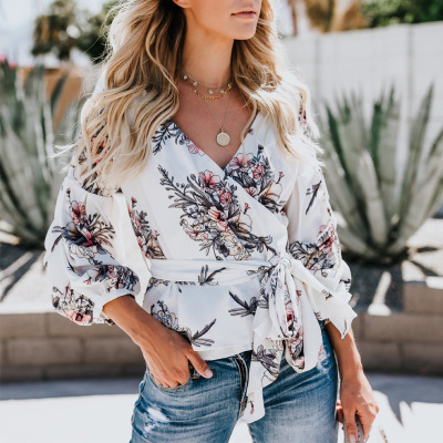 2019夏季新款亚马逊爆款 数码印花腰带灯笼袖女上衣衬衣