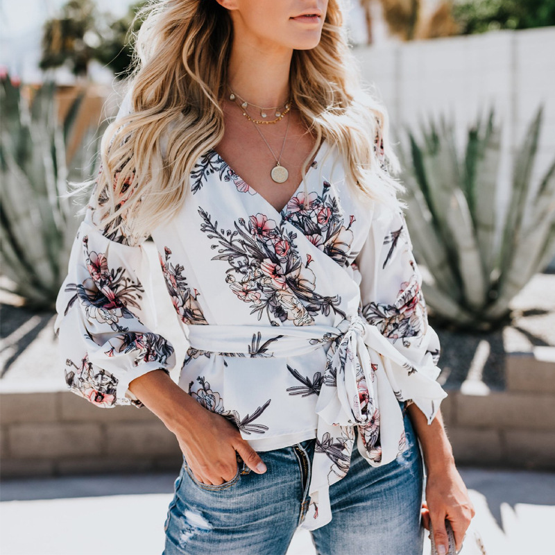 2019夏季新款亚马逊爆款 数码印花腰带灯笼袖女上衣衬衣