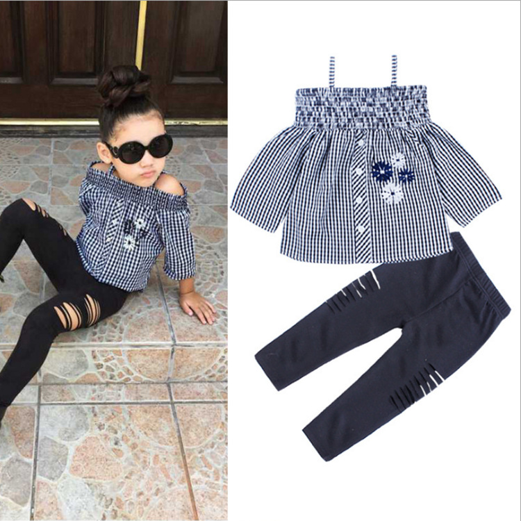 isn Foreign trade platform Source of goods Europe and America Children Set lattice camisole Flower pure cotton Sweater trousers Children's clothing