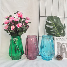 创意欧式复古竖纹透明彩色玻璃花瓶菱形插花瓶家居装饰摆件水培瓶