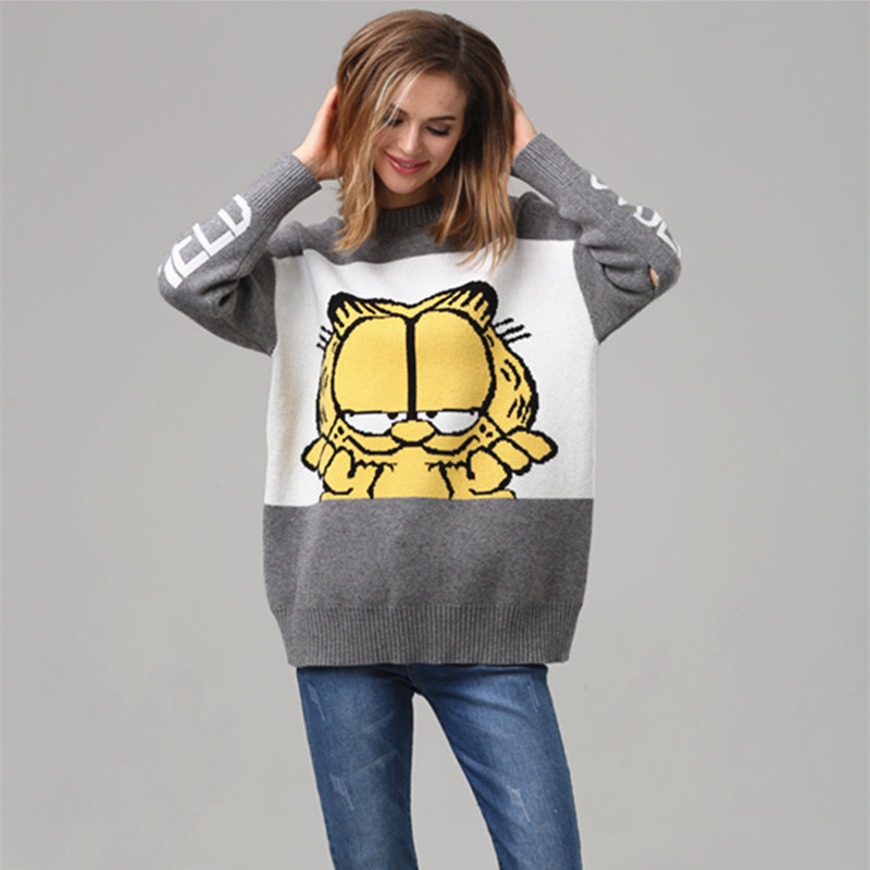 欧洲站2020秋冬新款时尚宽松套头圆领长袖针织衫加菲猫图案毛衣女