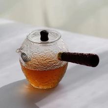 玻璃錘紋木側把泡茶壺 日式祥雲濾網泡茶器家用功夫茶具套裝