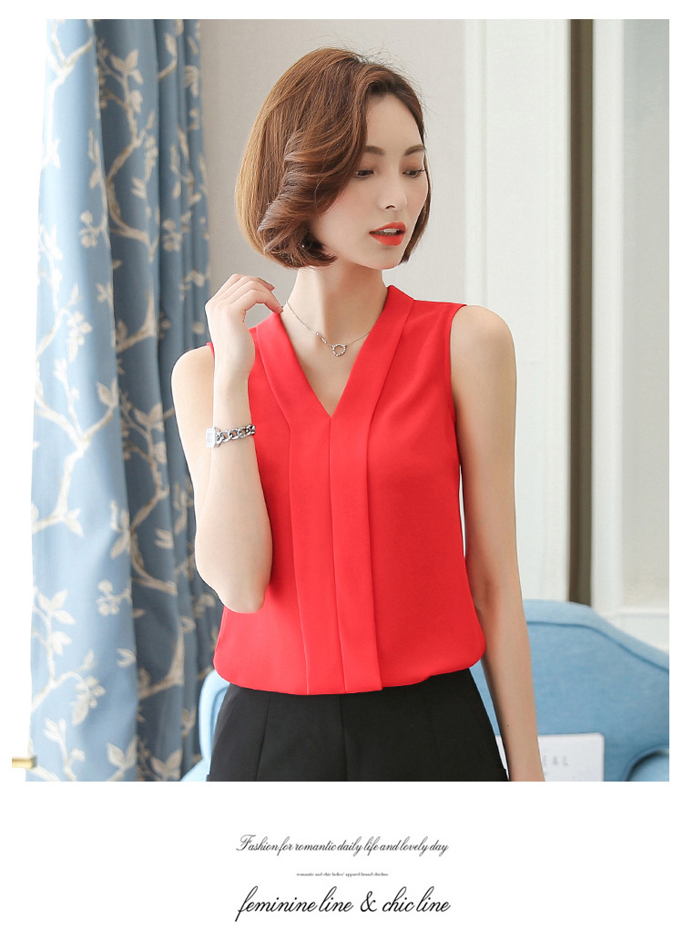 外贸雪纺衫女2022夏季新款时尚背心 V领无袖大码打底女装上衣衬衫详情6