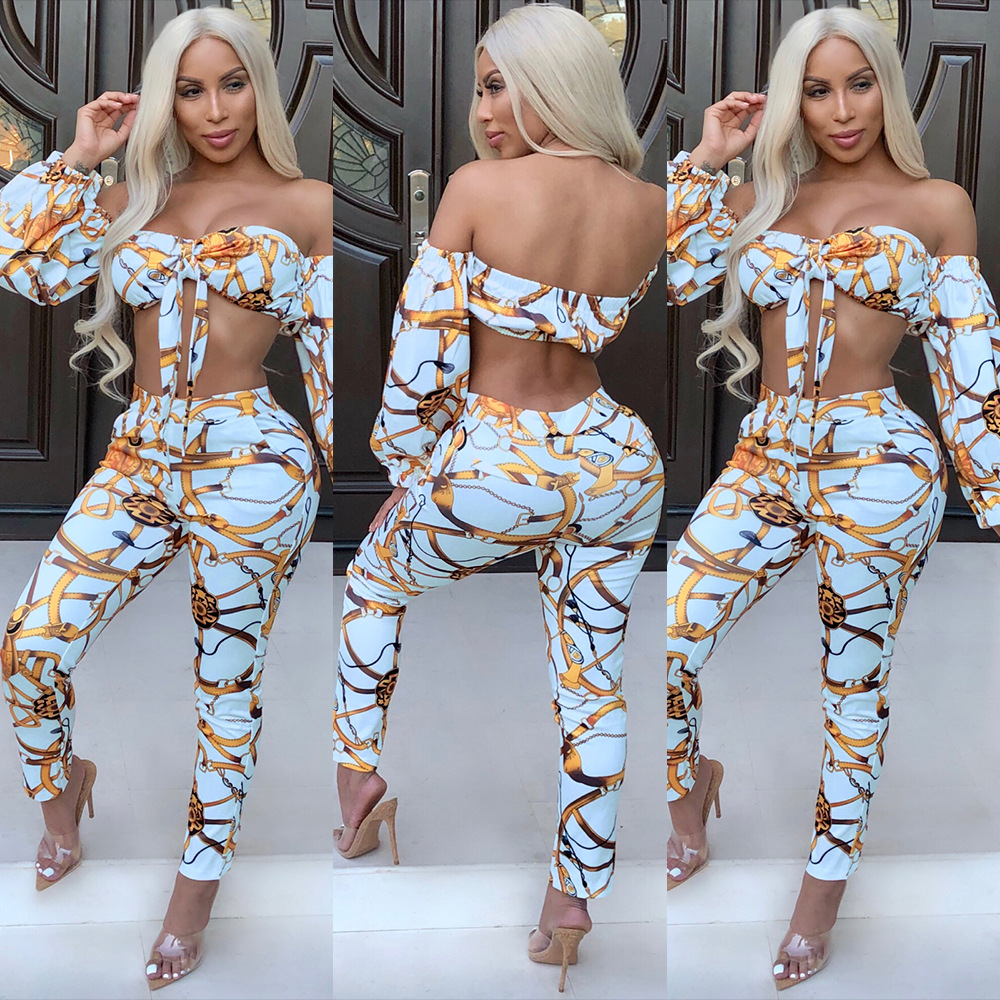 bandage printing neck waist trousers two-piece set Nihaostyles wholesale clothing vendor NSTYF72967