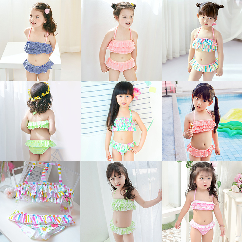 Western-Style Swimwear for Big Kidsren, Cute Girls, Colorfulful Stripesd Lace-Up Floral Cake Skirt Style Split Kidsren's Swimsuit