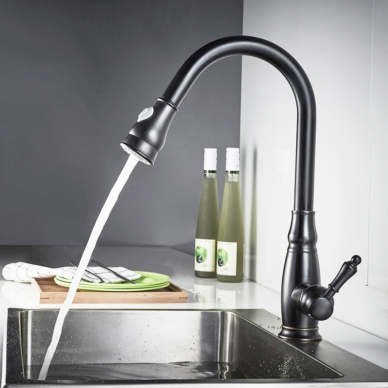 黑色廚房水龍頭銅抽拉冷熱水洗菜盆水槽坐式衛浴歐式仿古旋轉直銷