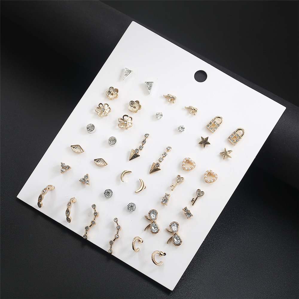 Fashion Rhinestone Pearl Lock Bow Heart Star Earrings 21 Pairs Wholesale Nihaojewelry display picture 4