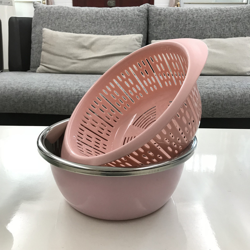 新款26CM28CM无磁不锈钢沥水盆洗菜筛套装塑料漏篮汤盆彩色调料缸