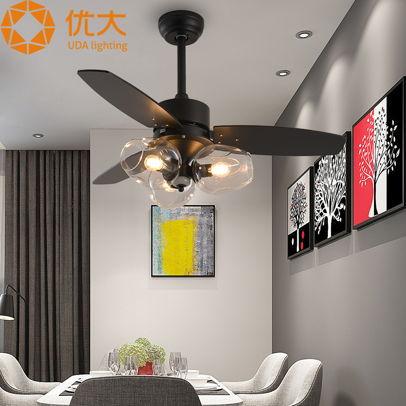 工廠直銷裝飾吊扇燈黑色北歐後現代分子極簡餐廳木葉42寸電扇燈