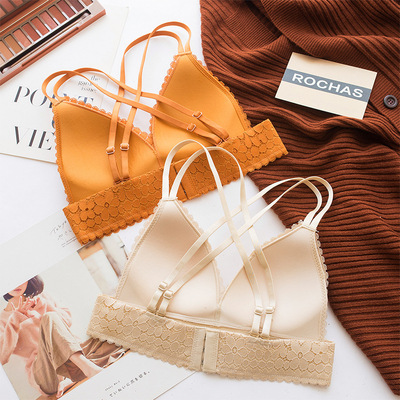 法式bralette性感交叉美背内衣套装无钢圈黑色时尚花卉文胸