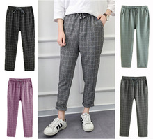 2021跨境亚马逊速卖通女装 秋款抽绳格纹棉麻宽松休闲大码长裤