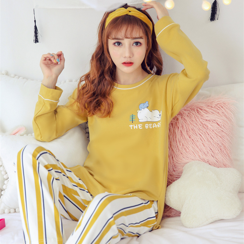 秋季纯棉女士长袖长裤睡衣套装全棉女式套头圆领家居服厂家直销|ms