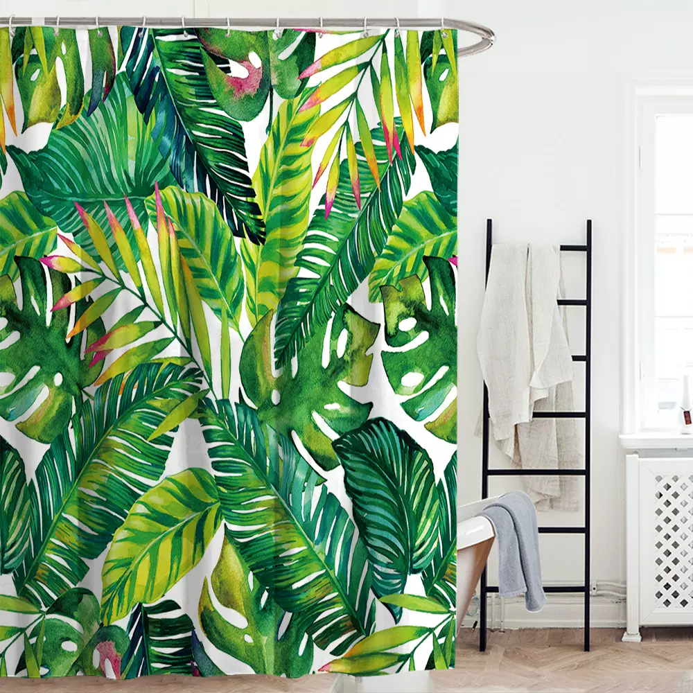 2022新款特制跨境绿色植物叶子棕榈叶涤纶印花防水防霉浴帘浴帐厂