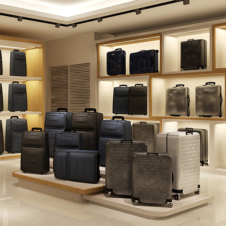 专卖店箱包展示柜 烤漆层板行李箱展示柜 旅行箱展示地台整店制作
