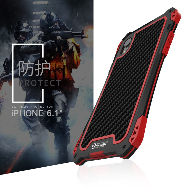 R-Just Amira Heavy Duty Dirtproof Shockproof Rainproof Aluminum Metal Bumper Carbon Fiber Back Cover Case for Apple iPhone XS Max & iPhone XR & iPhone XS