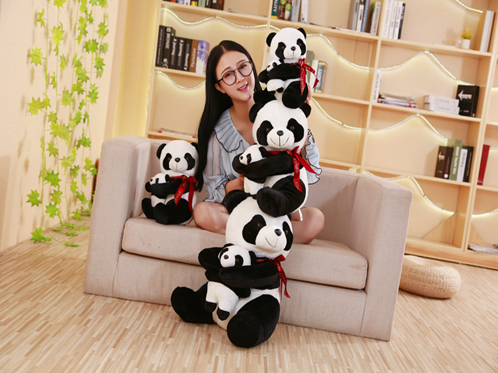 毛绒玩具熊猫公仔,仿真熊猫,丝带亲子熊猫