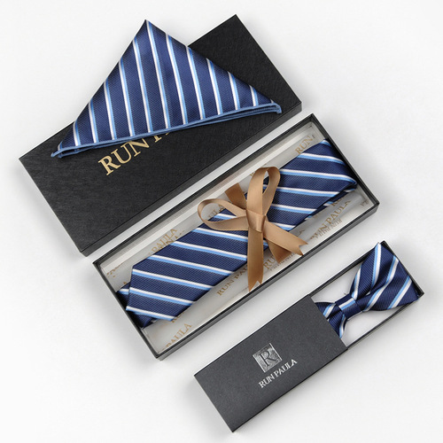 韩版男士休闲商务正装蓝色条纹领带领结口袋巾三件套礼品批发