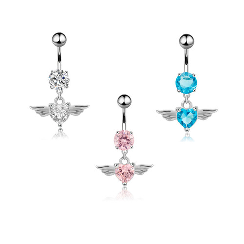 Amazon Wish New Product Angel Wings Feather Zircon Navel Ring Set with Diamonds Heart-Shaped Navel Button Piercing Jewelry