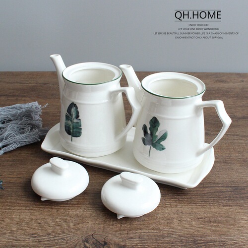Nordic plant ceramic oil pot oil tank with lid oil bottle kitchen supplies seasoning bottle soy sauce pot vinegar pot seasoning bottle set