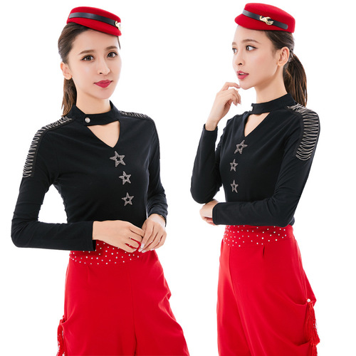 Navy Blue Cotton Long-Sleeve Women's Suite for Square Dance Performance - New Arrival Autumn Fashion Solid Color Uniform Dance Costume
