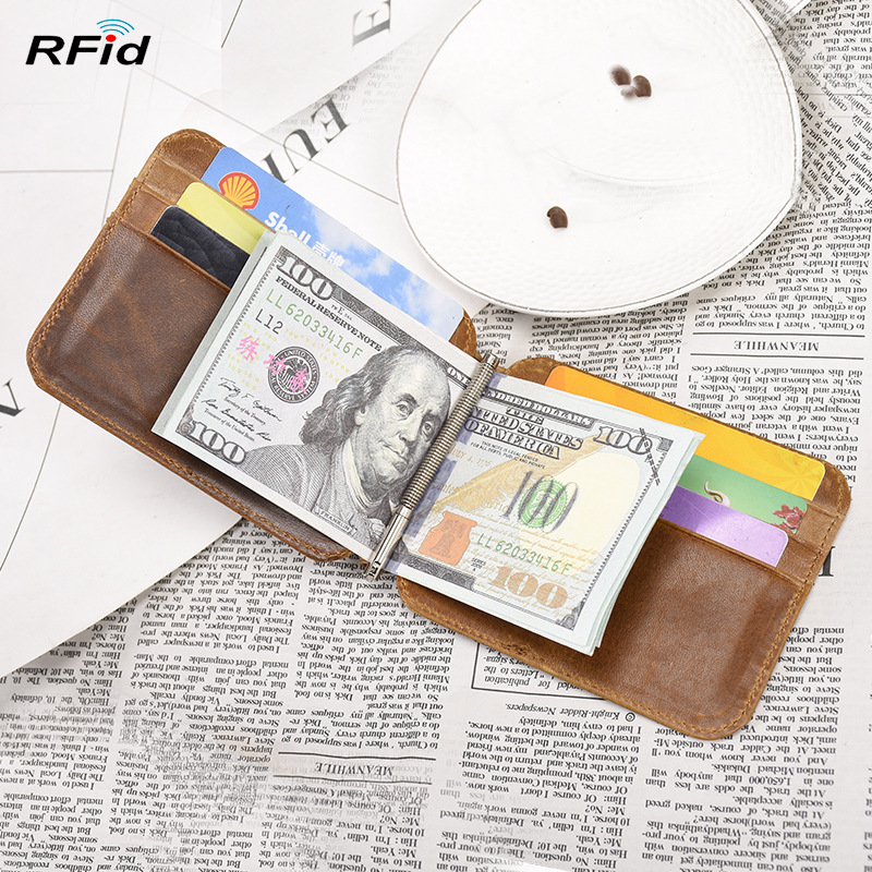 新款防盗rfid真皮卡夹头层牛皮复古油蜡皮卡包金属美金夹真皮钱夹|ms