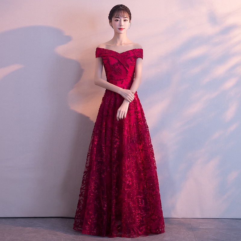 Toast Dress for Bride 2020 New Summer Red Lace off-shoulder Long Slim Wedding Evening Dress for Women