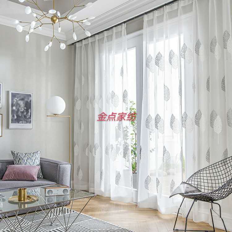 新款毛巾绣大树叶纱 百搭纯色绣花客厅家装透光纱厂家批发|ms