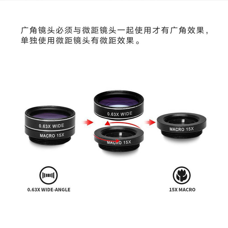 Cinco en un traje de lente de teléfono móvil 0.63X gran angular 15X macro 198 ° fisheye 2X aumento de la distancia polarizador