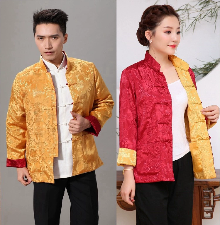 Двусторонний весенне-осенний женский костюм для пары, праздничный гостиничный труд, этикет, топ с длинными рукавами и лентой, китайский костюм Тан, этническая одежда