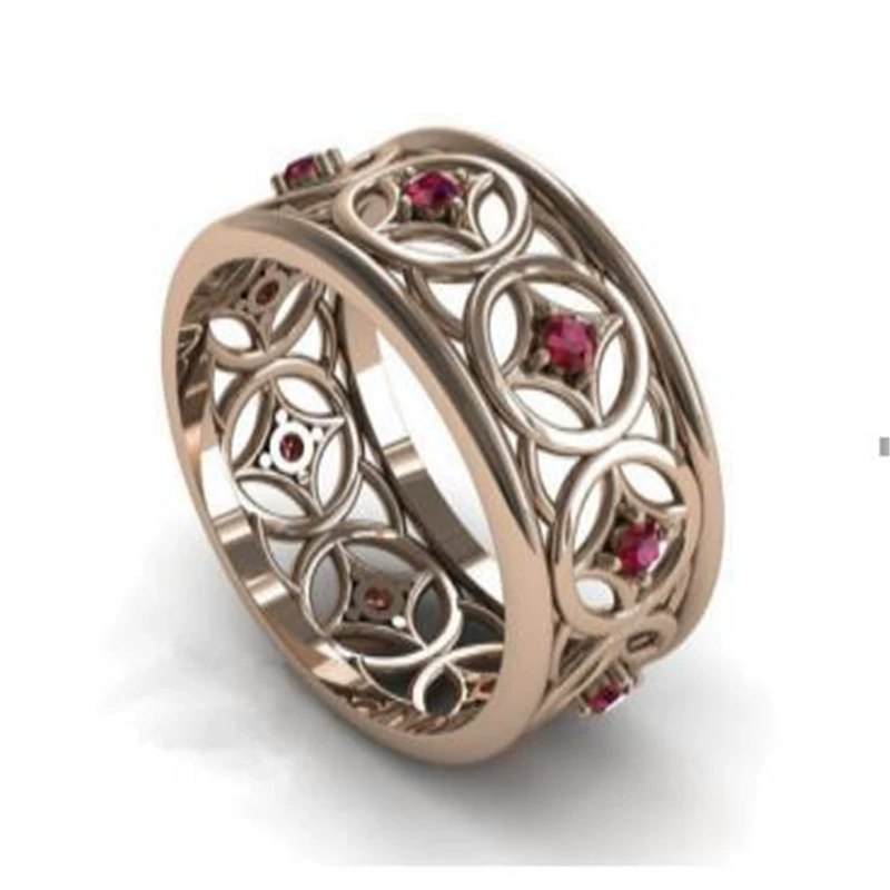 Европейские и американские роскошные полые кольца, мужские и женские модные инкрустированные рубиновым цирконом, кольцо из розового золота, трансграничные поставки