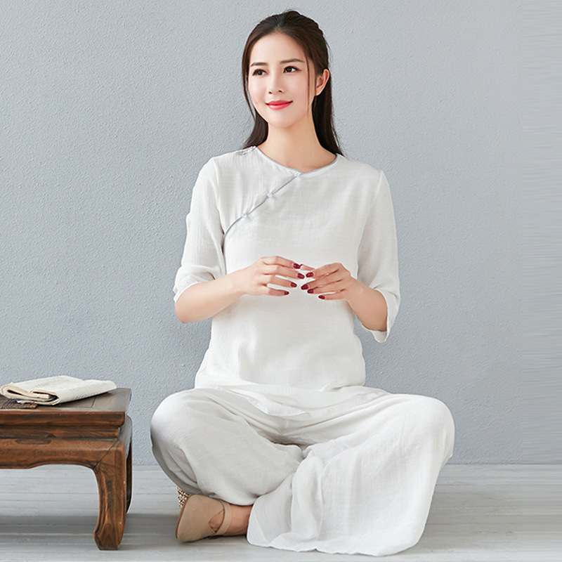 Cotton and linen yoga meditation clothes Tea Service Zen Literary Chinese Three-quarter Sleeve Top Yoga Wide Leg Pants Loose Large Size Suit