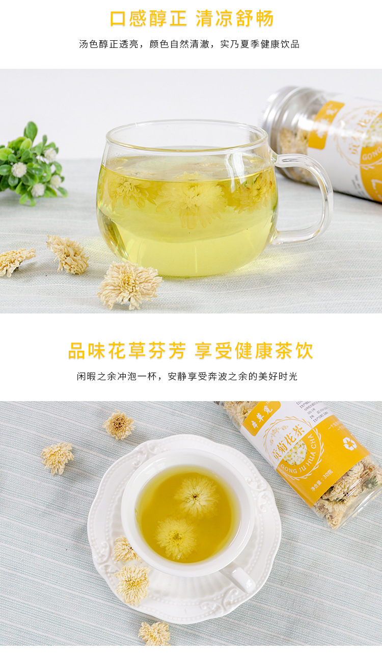 Huangshan Gong Ju (Chrysanthemum morifolium) — Dried Tribute Chrysanthemum Flower Tea, 50g Jar quality and texture