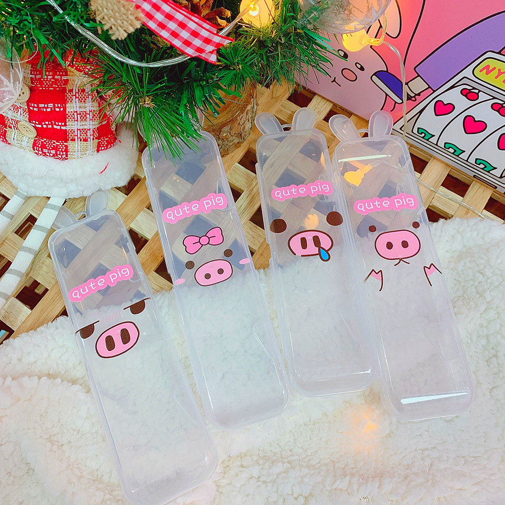 日韩创意款可爱兔耳朵造型透明笔盒呆萌小猪鸭子文具盒收纳盒学生