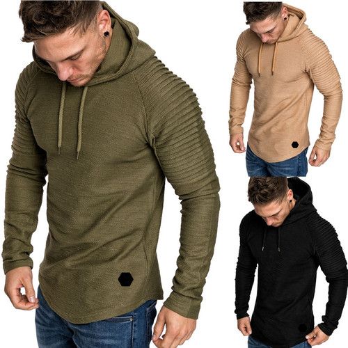 Men's round neck slim solid color hooded long-sleeved sweatshirt striped pleated raglan sleeves for men