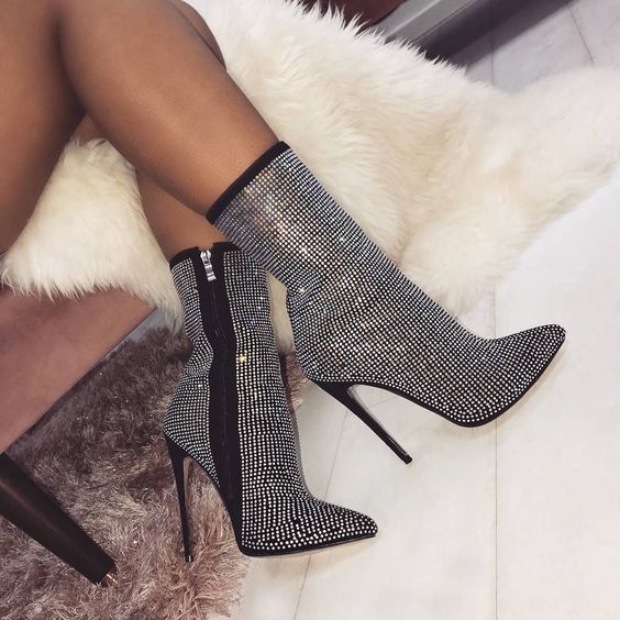 pointed-toe rhinestone fine high-heeled short boots NSZLX139049