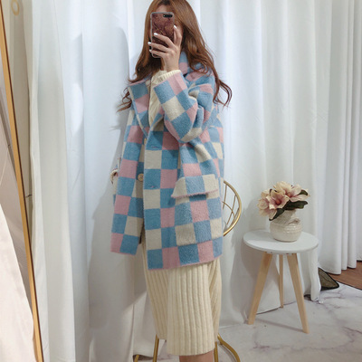 2018新款格子拼色水貂绒外套女中长款貂绒大衣宽松毛衣水貂毛开衫