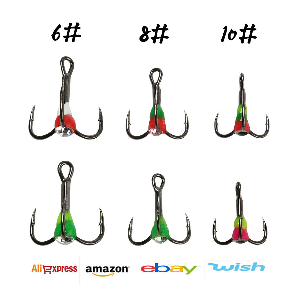 跨境新款  冰钓钩血槽钩 冰钓三本钩 6# 8# 10#彩色冰钓钩