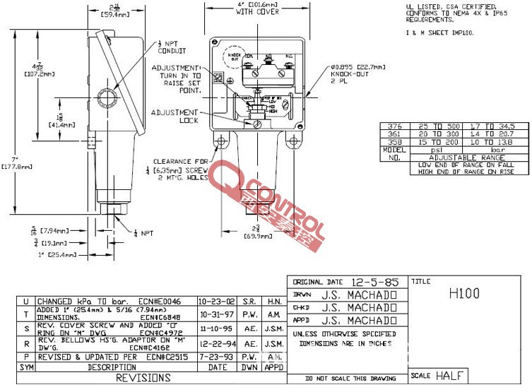 供应原装UE压力开关【H100-521-M201】UE开关尺寸图